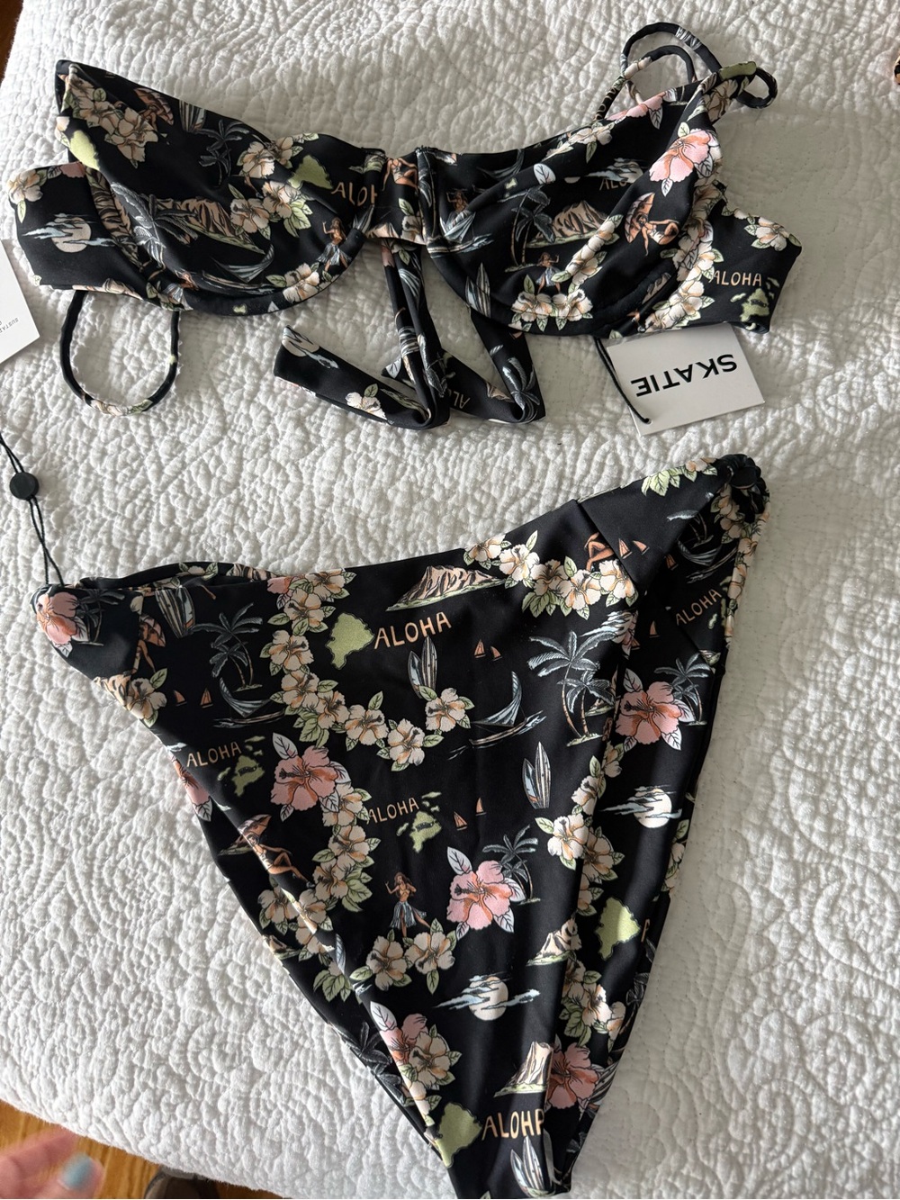 Skatie Black Floral Aloha Bikini Set with Pink & Cream Blooms